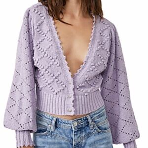 Free People Polly Pom Open Stitch Crop Cardigan Lilac Elven Lily - Size M